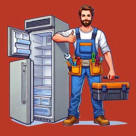 Ilustração de técnico com caixa de ferramentas ao lado de geladeira